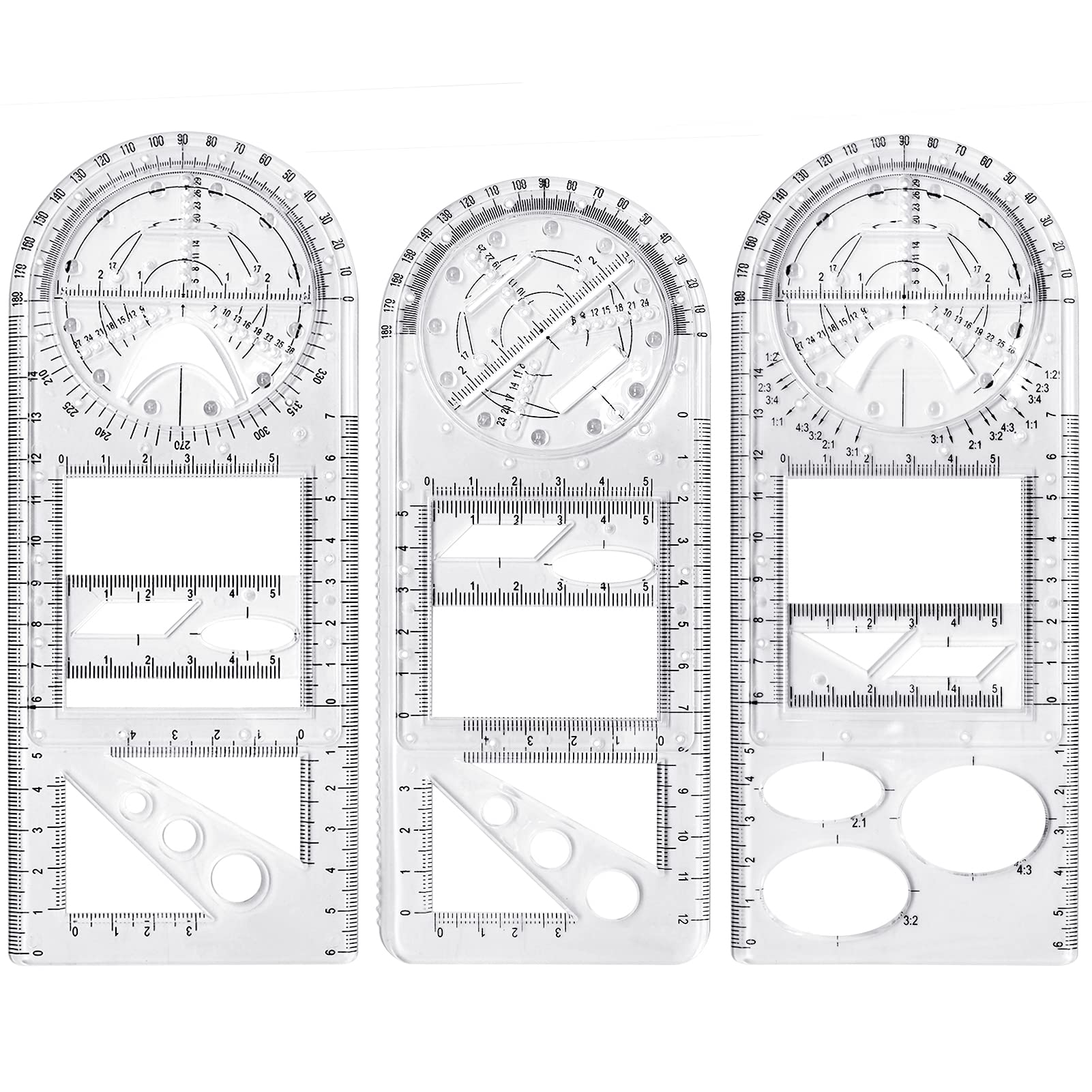 Hioph Geometric Ruler, 3 Pcs Multifunctional Drawing Ruler Tool, Durable Geometric Template Measuring Tool for School Office Supplies (Clear)