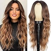 XIXIBI Long Ombre Brown Wigs for Women, Synthetic Ombre Brown to Light Brown Middle Part Curly Wavy Wigs for Daily Cosplay Use 26Inch