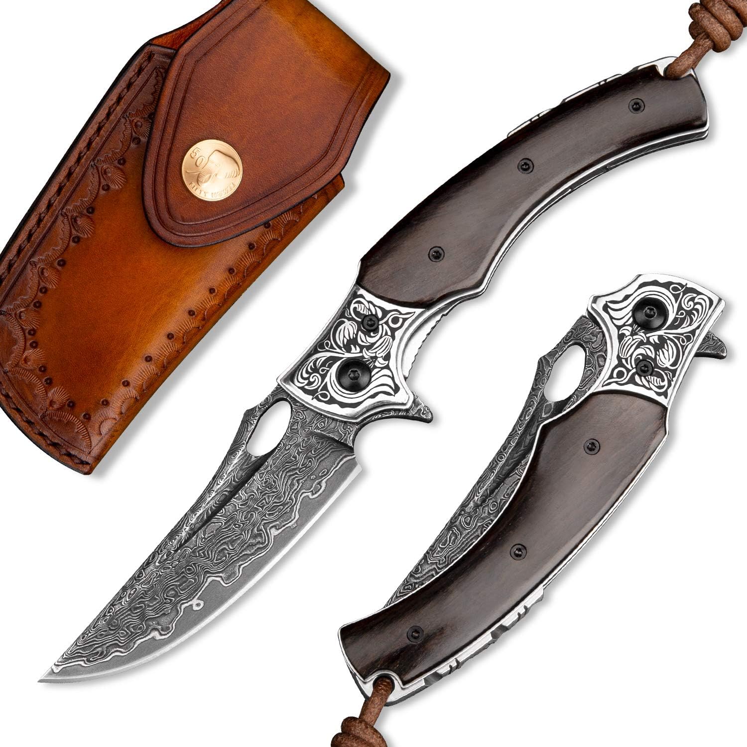 NEWOOTZ Damascus Steel Folding Knife,Handmade Japanese VG10