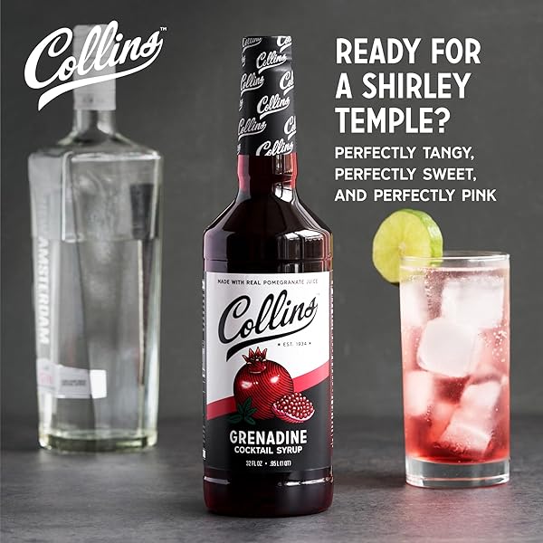 COLLINS GRENADINE SYRUP, REAL POMEGRANATE JUICE AND SUGAR, CRAFT COCKTAIL SYRUP, DRINK MIXERS, 32 OZ