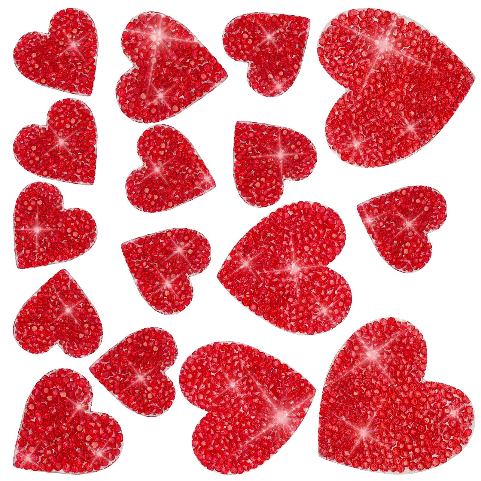 Photo 1 of 16 Pieces Heart Shape Diamond Appliques Iron on Rhinestone Applique Glitter Rhinestone Applique for DIY Crafts Clothes Bag Pants Wedding Decoration (Red, 4 Sizes)