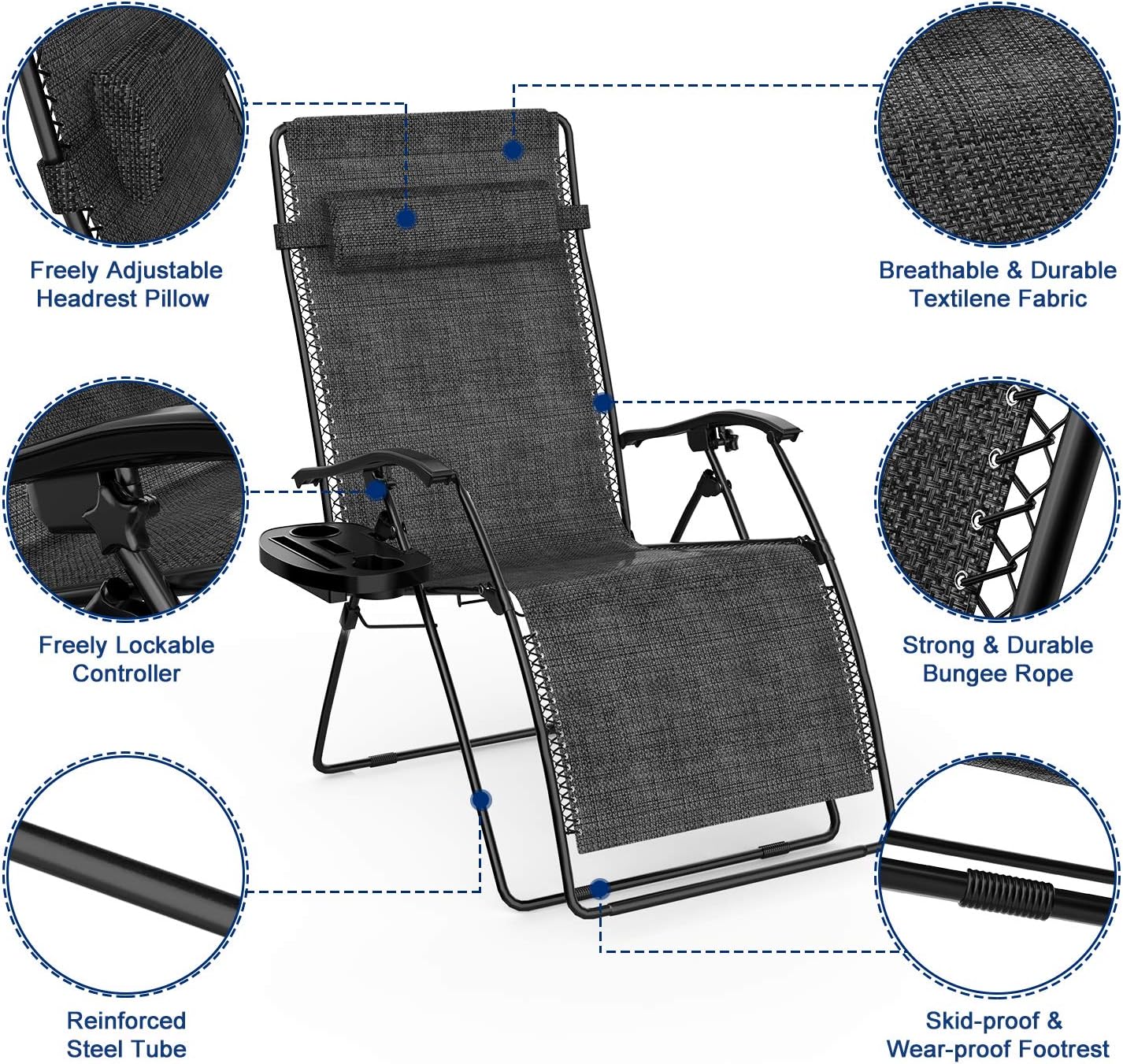 Keten Zero Gravity Chair, Patio Folding Lounge Chair Recliners, Adjustable Lawn Lounge Chair with Pillows Replacement Cords Cup Holders for Backyard Poolside Beach Set of 2(Black) : Garden & Outdoor