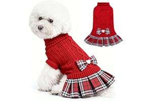 WOYYHO Girl Dog Sweater Dress with Bowtie Turtleneck Small Dogs Sweater with Leash Hole, Knitted Small Dog Sweaters Dress Puppy Winter Clothes for Yorkies Chihuahua (Medium, Red)