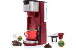 Mixpresso Red Single Serve Coffee Brewer K-Cup Pods Compatible & Ground, 30 oz Compact Coffee Maker Single Serve With 5 Brew Sizes Up To 14 Oz, Fits Travel Mug, Adjustable Drip Tray