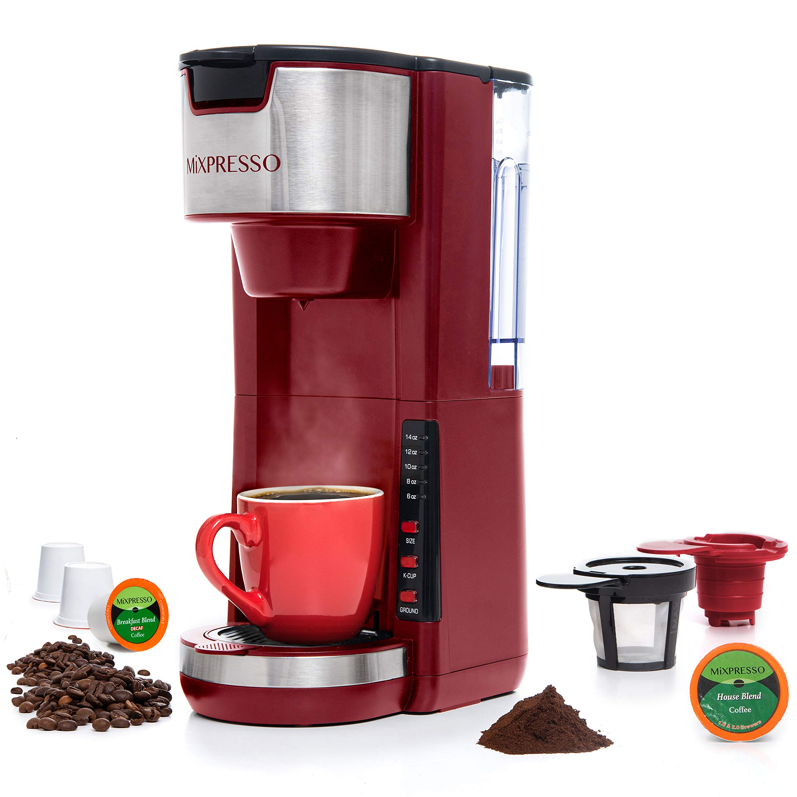 Photo 1 of Mixpresso Single Serve Coffee Brewer K-Cup Pods Compatible & Ground Coffee 30oz Compact Coffee Maker Single Serve 5 Brew Sizes Up To 14Oz Fits Travel Mug Adjustable Drip Tray, Red Coffee Maker