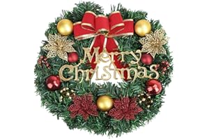 GREUS Merry Christmas Wreath 12 Inch Christmas Decorations Front Door Wreath Ornament Wall Artificial Pine Garland for Christmas Party Décor, with Bowknot, Bells, Red Berries, Flower Gifts