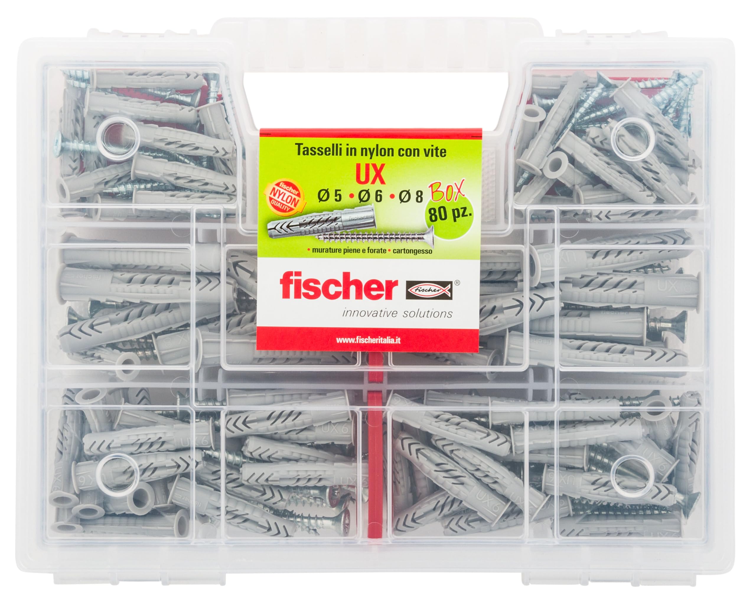 Fischer UX Kit, 80 Perforated Dowels with Screw for Mounting on Wall Full, Brick, Plasterboard, 544257