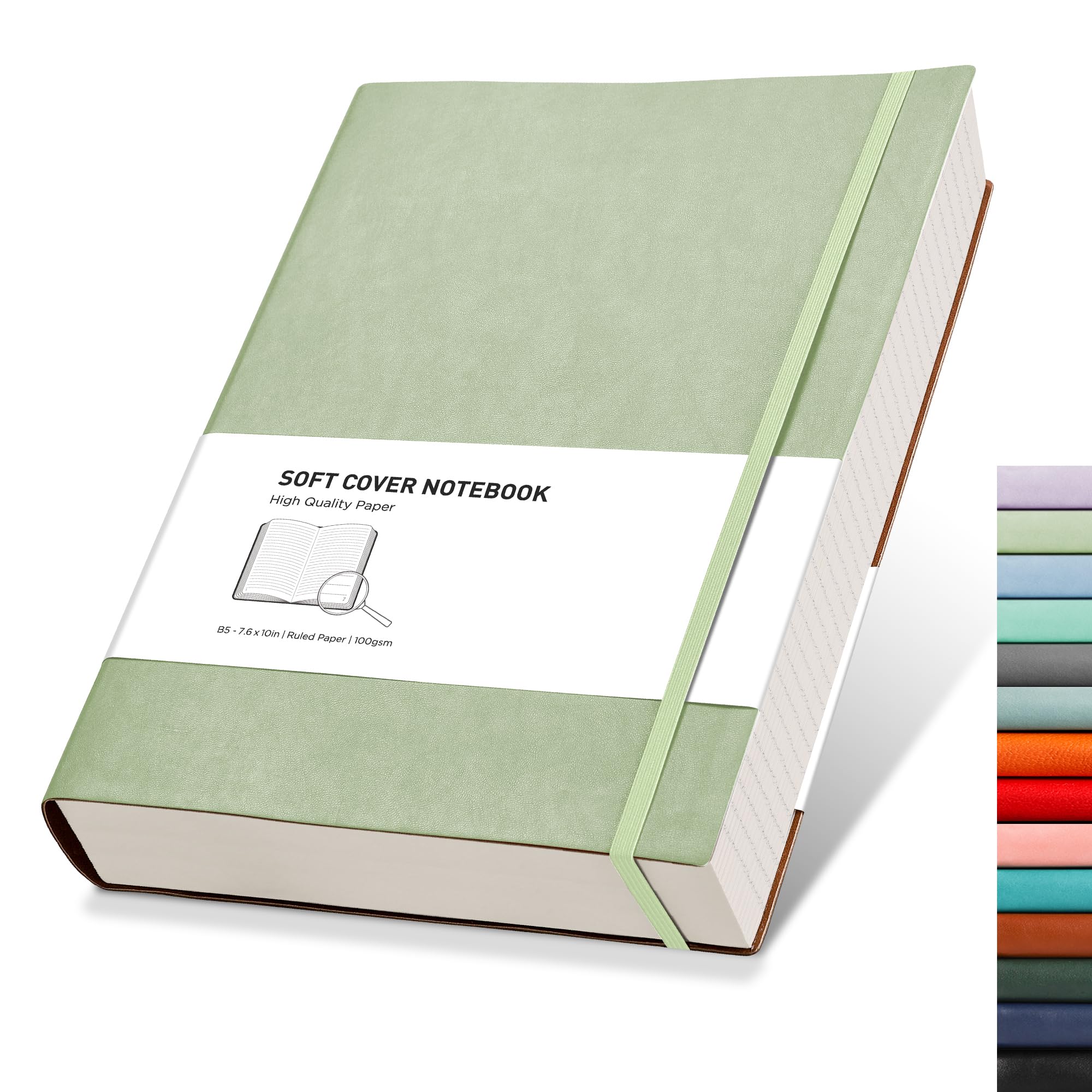 RETTACY College Ruled Notebook - 320 Numbered Pages Large B5 Lined Journal Notebook, 100gsm Thick Lined Paper, Faux Leather Softcover, for Women Men Work School, 19 x 25 cm - Light Green