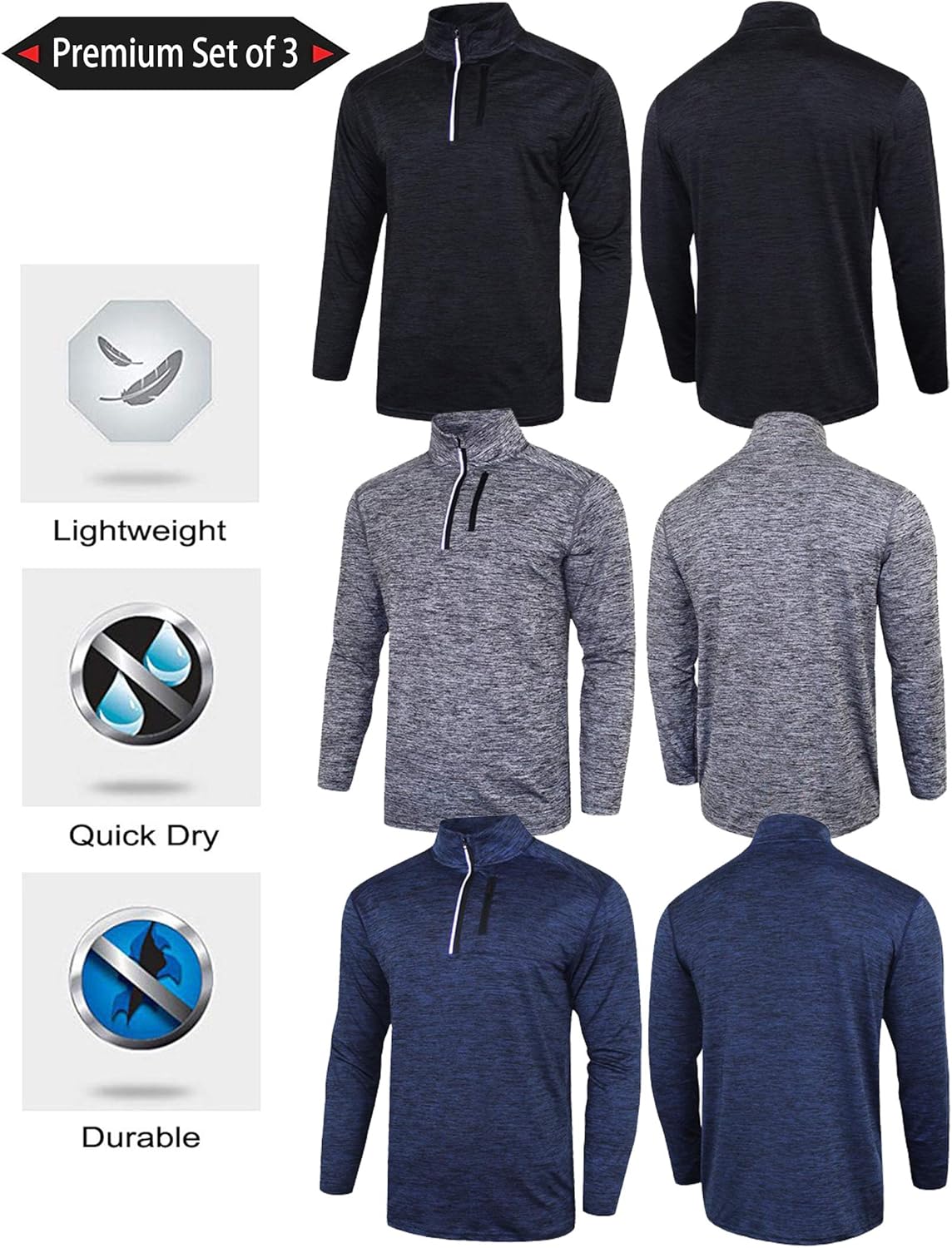 Liberty Imports Pack of 3 Men's Performance Quarter Zip Pullovers with Pockets, Quick Dry Active Long Sleeve Shirts: Clothing