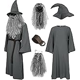 VZQI Deluxe 5 Pcs Wizard Costume for Adults Grey Wizard Robe with Wizards Hat, Belt, Wig & Beard Halloween Costumes For Men