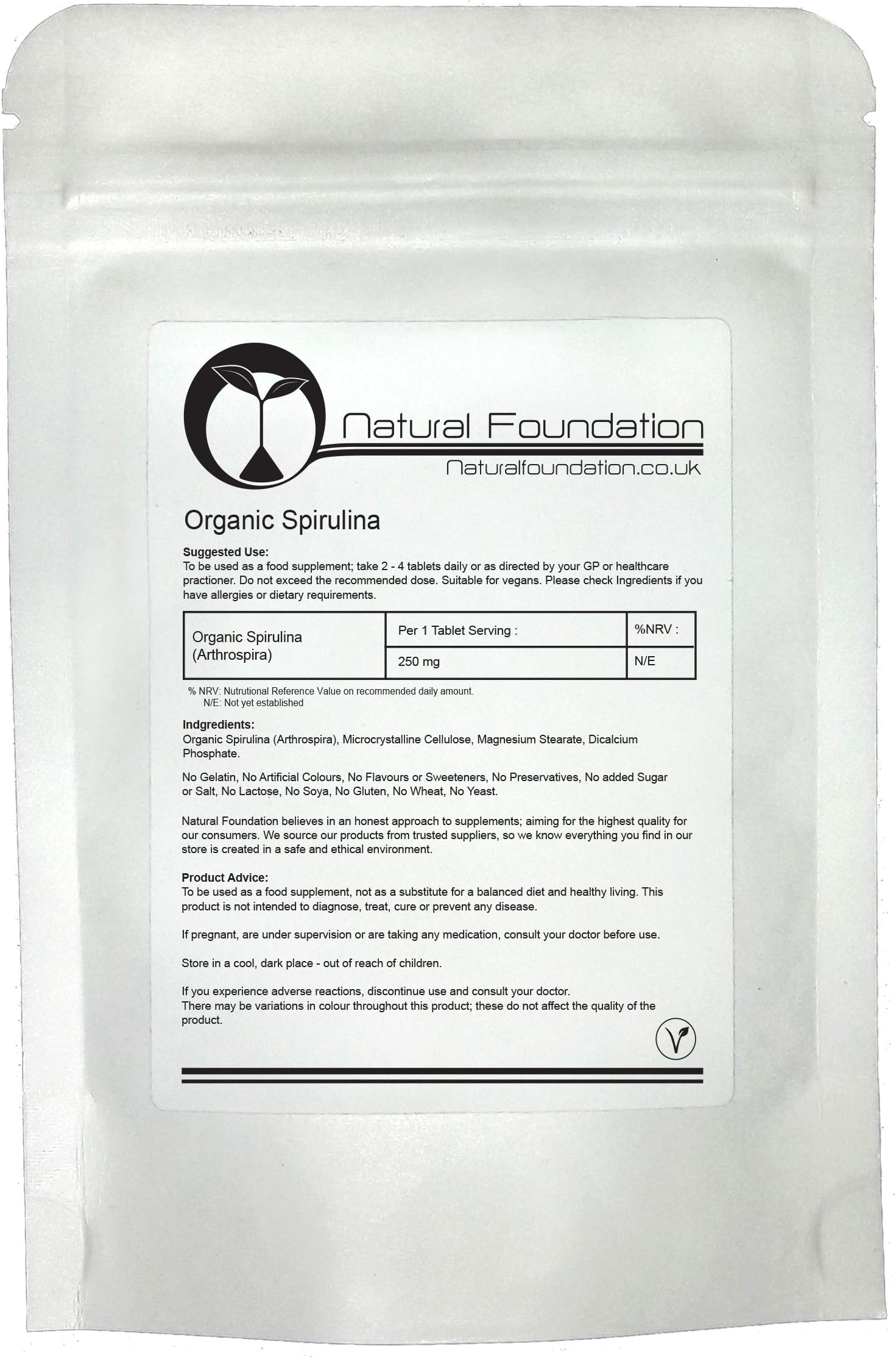 Organic Spirulina Tablets 250mg Detox Cleanse Boost Immune System Sugar (500 Tablets)