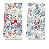 Cilrii Vintage Blue Red Christmas Santa Kitchen Towels, Chinoiserie Christmas Dish Tea Towels for Kitchen Decor, Grandmillennial Xmas Tree Decorative Hand Towel for Bathroom, 16x24 Inch Set of 2