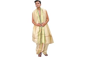 EXOTIC INDIA Ready to Wear Dhoti and Veshti Set with Woven Golden Border - Art Silk