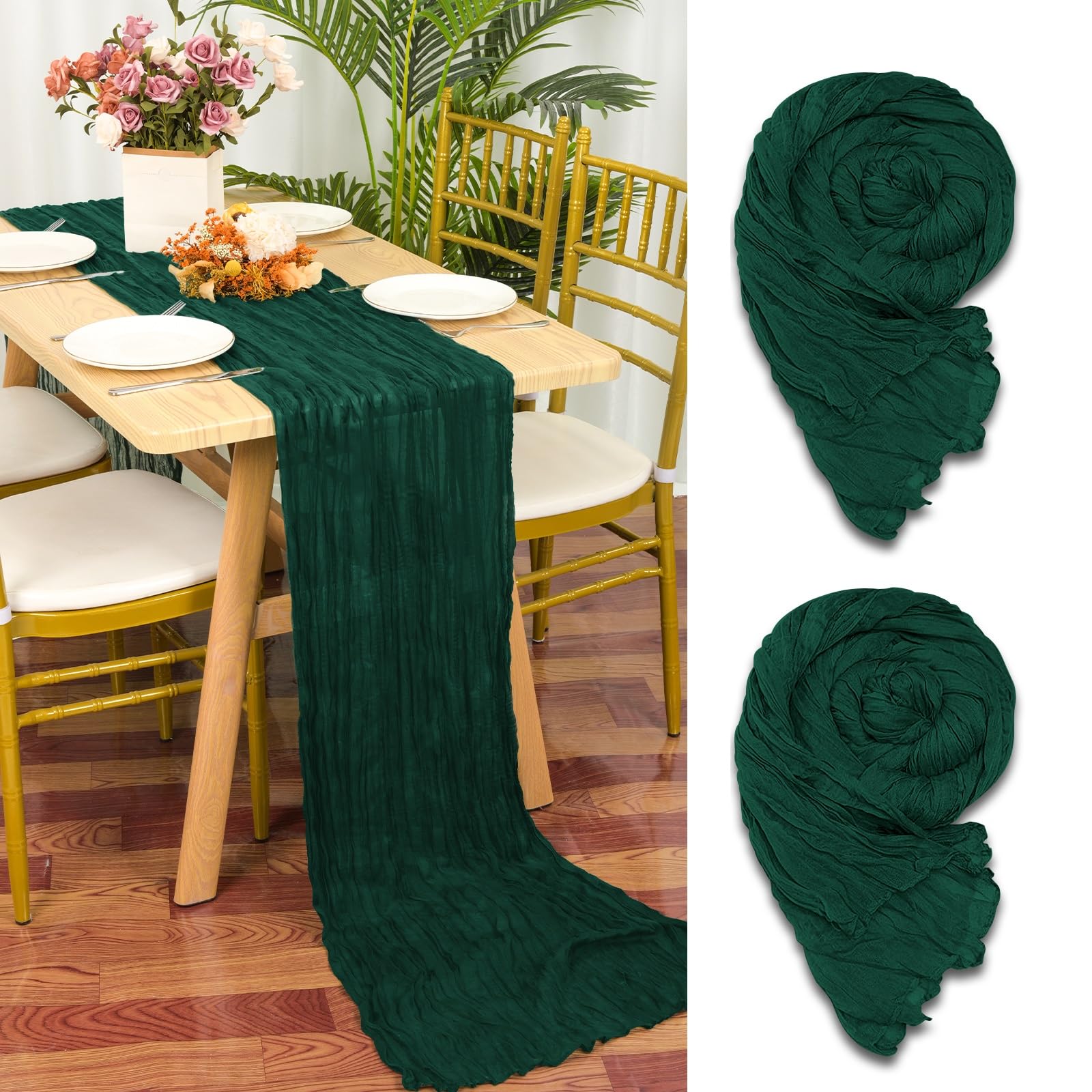 YMHPRIDE 2 Packs Cheesecloth Table Runner, 90x300cm Dark Green Rustic Gauze Fabric Boho Table Runner, Cheesecloth Wedding Table Decor Table Cloth for Wedding Party Bridal Shower Table Decorations