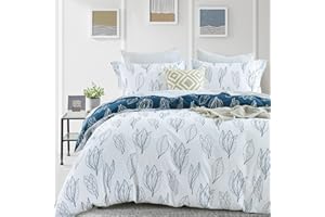 Bedduvit Cotton Duvet Cover Queen - 100% Cotton Blue Botanical Duvet Cover,3 Pieces Leaf Duvet Cover Queen with Zipper Closure & 8 Ties (90"x90", No Comforter)