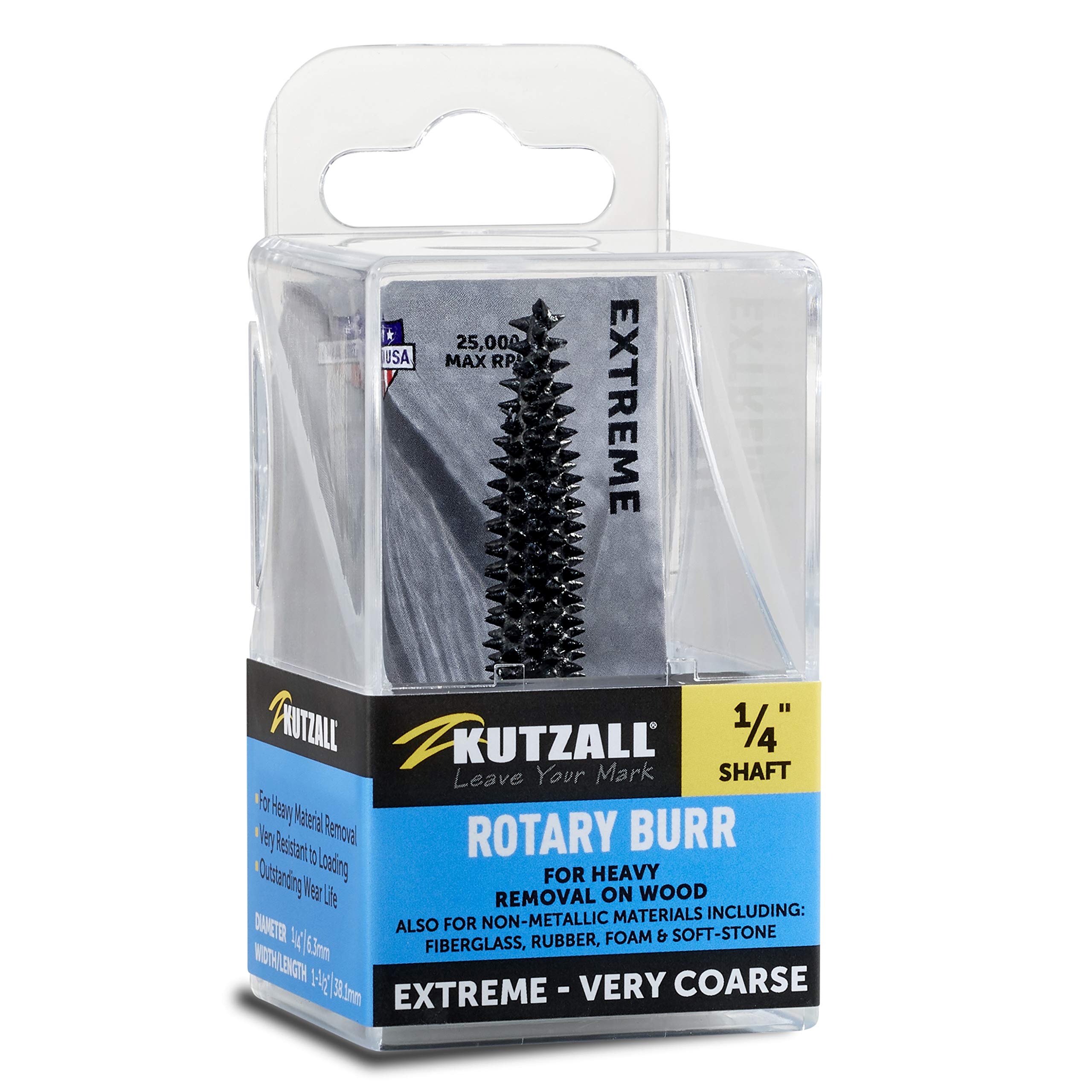 Kutzall Extreme Taper Rotary Burr, 1⁄4" Shaft, Very Coarse - Woodworking Attachment for Bosch, DeWalt, Milwaukee, Makita. Abrasive Tungsten Carbide, 1⁄4" (6.3mm) Dia. X 1-1⁄2" (38.1mm) Length, TX-14C