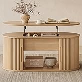 LINSY Lift Top Coffee Table, Oval Fluted Coffee Table with Storage, Boho Wooden Coffee Tables with Sliding Tambour Door, 39" 