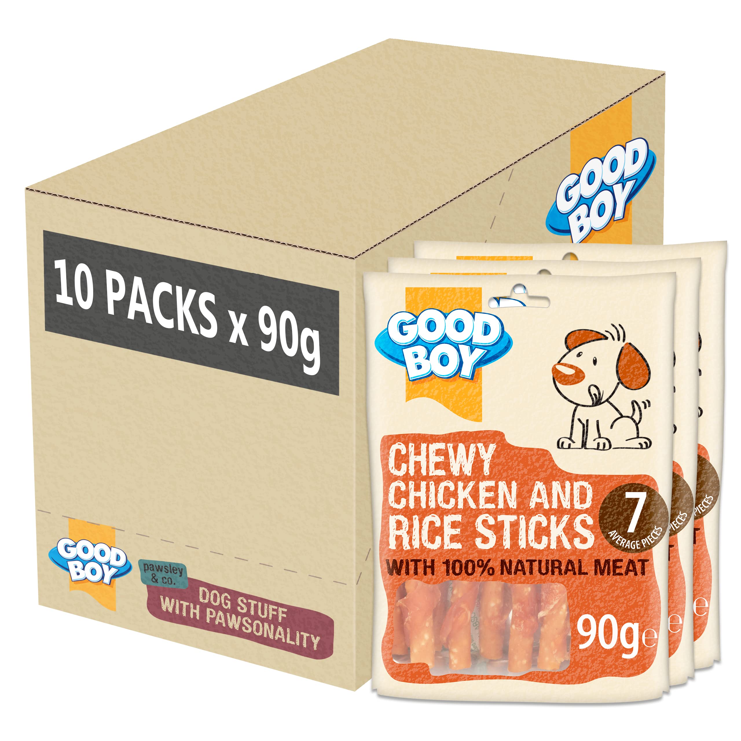 Good Boy Chicken & Rice Sticks - Low Fat Natural Dog Treats - Rawhide Free Recipe - Bulk Box - 10 x 90g