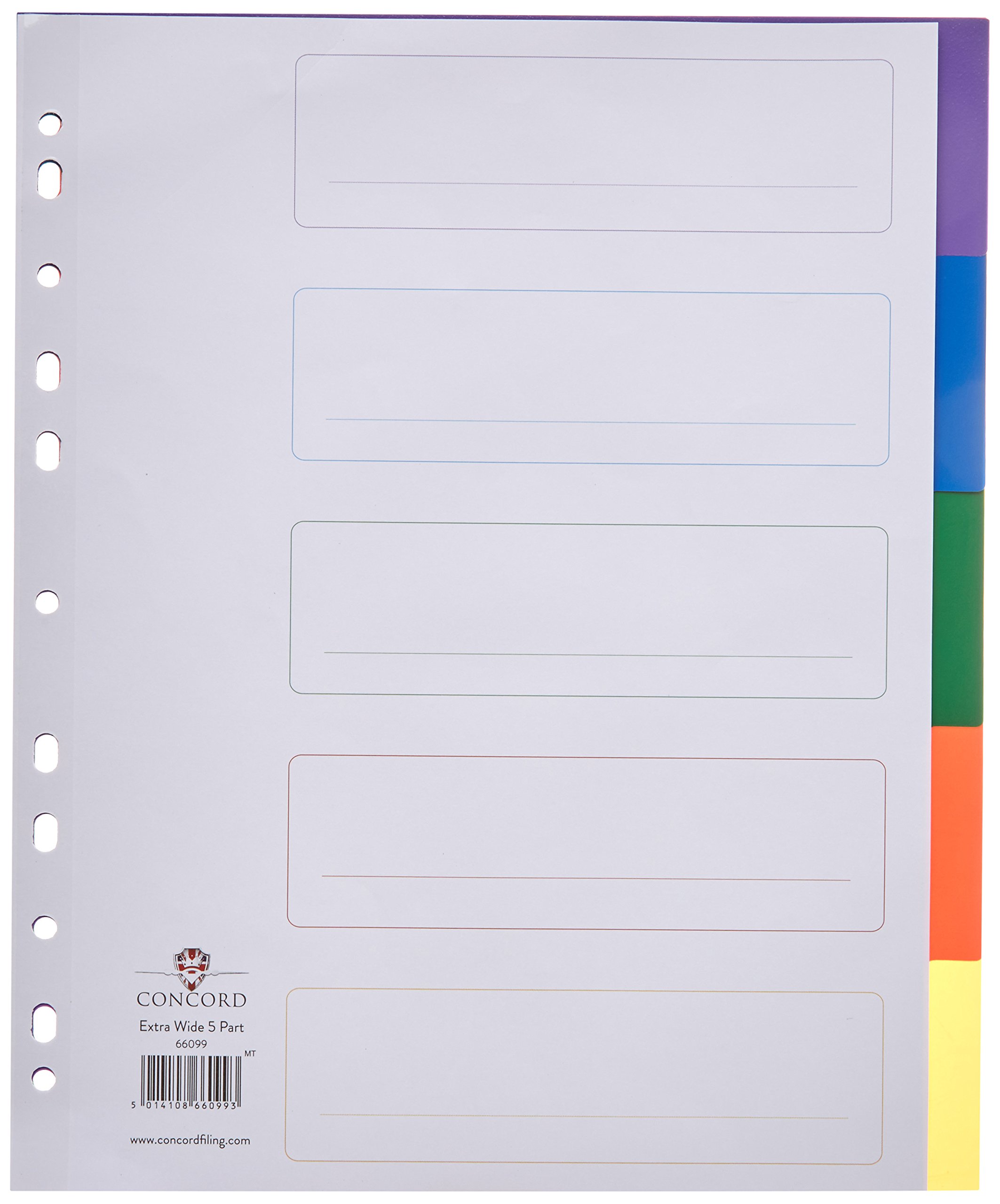 Concord Punched Pocket Dividers Plastic Multicolour-tabbed 5-Part Extra Wide A4 White Ref 66099
