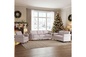 ijuicy 3-Piece Living Room Sectional Sofa Set, Modern Linen Upholstered Sofas with 5" Thicken Cushion & Nailhead Trim, Living Room Furniture Set- Armchair Loveseat and 3 Seat Sofa(Beige)