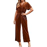 Simplee Womens Short Sleeve Wide Leg Velvet Jumpsuit Dressy V Neck Elastic Waist Formal Jumpsuits 2024 Winter Holiday Outfits