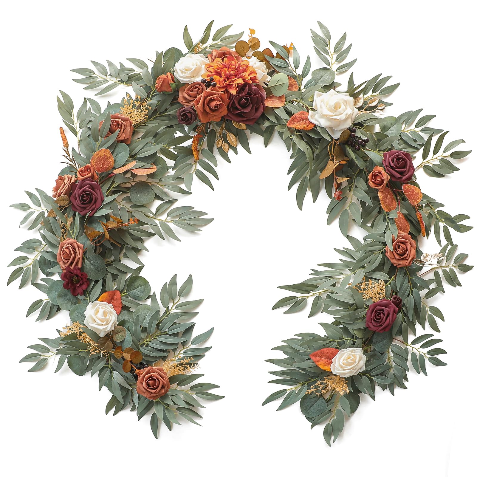 Photo 1 of Floroom 6ft Artificial Eucalyptus Garland with Flowers Fake Greenery Burnt Orange Faux Floral Vine Garland for Table Decor Wedding Centerpieces Bridal Shower Party Decorations, Terracotta