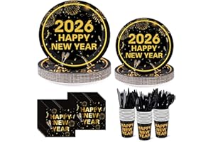 FRERDUI New Years Eve Party Supplies 2026, 175Pcs Happy New Year Paper Plates and Napkins, Disposable Dinnerware Set Black Gold Plates Napkins Cup Knife Fork Spoon for New Year Eve Party Decorations, Serve 25