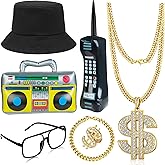 GIFIKOI 80s 90s Hip Hop Costume Outfit Kit Mobile Phone Inflatable Radio Box Necklace Bracelet Ring Glasses Hat Rapper Costumes Accessories Set