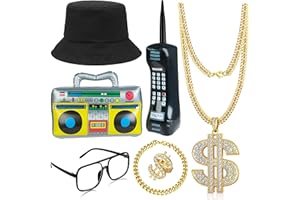 GIFIKOI 80s 90s Hip Hop Costume Outfit Kit Mobile Phone Inflatable Radio Box Necklace Bracelet Ring Glasses Hat Rapper Costumes Accessories Set