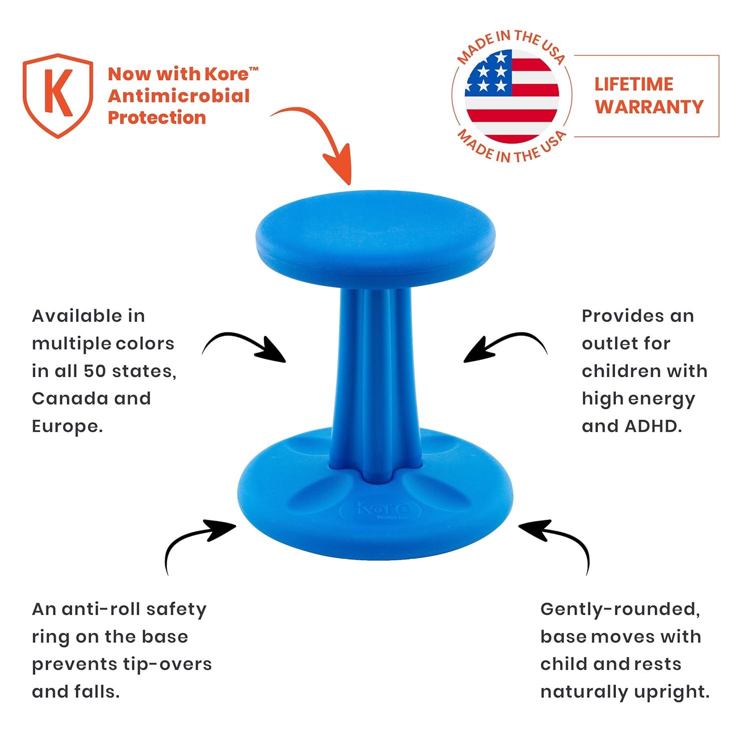 Made in The USA Preschool Kore Wobble Chair Flexible Seating Stool for