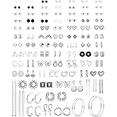 LOLIAS 𝟗𝟎𝐏𝐚𝐢𝐫𝐬 Stud Earrings Set for Women-Dainty Earrings Pack for Sensitive Ears-Hypoallergenic Earrings Stack Silver Flower Butterfly CZ Hoop Dangle Earrings Jewelry