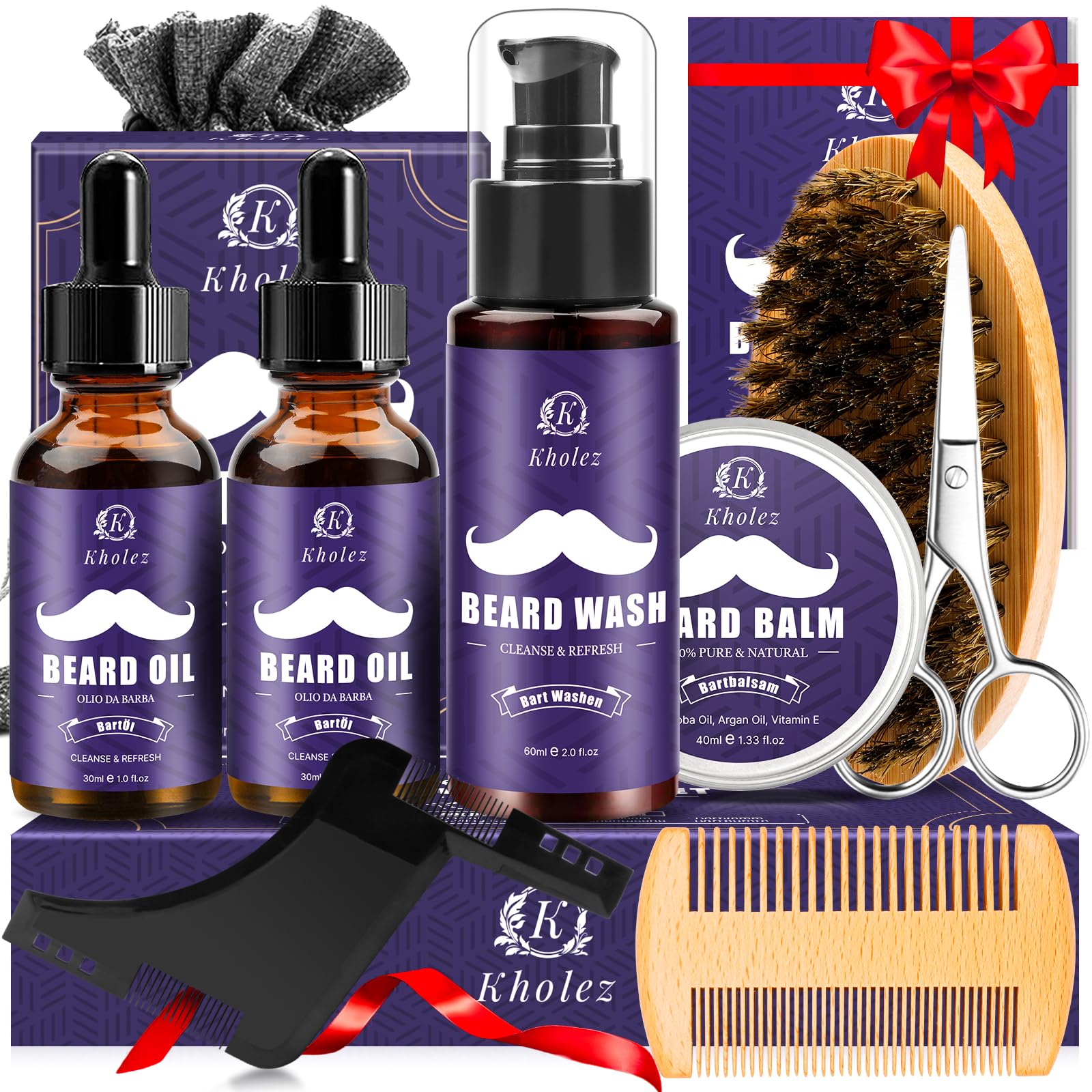 KHOLEZ Beard Grooming Kit for Men Gifts w 2 Beard Oil, Mens Gift Set, Dad Birthday Secret Santa Christmas Presents Stocking Fillers Gifts for Him Dad Husband Boyfriend Fathers Father's Day Gift Set