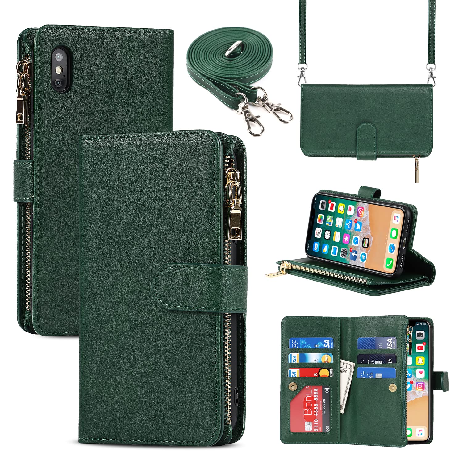 Cavor Crossbody iPhone XS Max Case With Card Holder With Strap,Flip Leather Wallet Case,[9 Card Holder] Zipper Detachable Lanyard Phone Case Cover for Women for iPhone XS Max - Dark Green — image 1