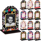 Wenqik 12 Pcs Day of the Dead Mini Wooden Picture Frames Altar Decor | Dia De Los Muertos Ofrenda Display, Skull Floral Designs with Stands, Mexican Fiesta Tabletop, Halloween Remembrance