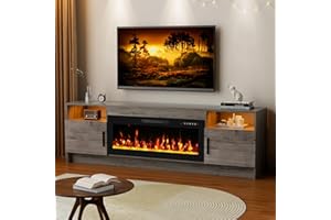 Kucreiheat 70'' TV Stand with Fireplace-Oak Grey Entertainment Center for 75+ inch TV- TV Cabinet with LED Light, Storage, High Glossy Door, Modern TV Console for Living Room