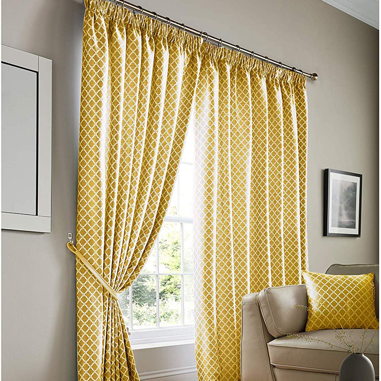Alan Symonds Cotswold Fully Lined Jacquard Pencil Pleat Taped Top Curtains - Ochre (90" x 90")