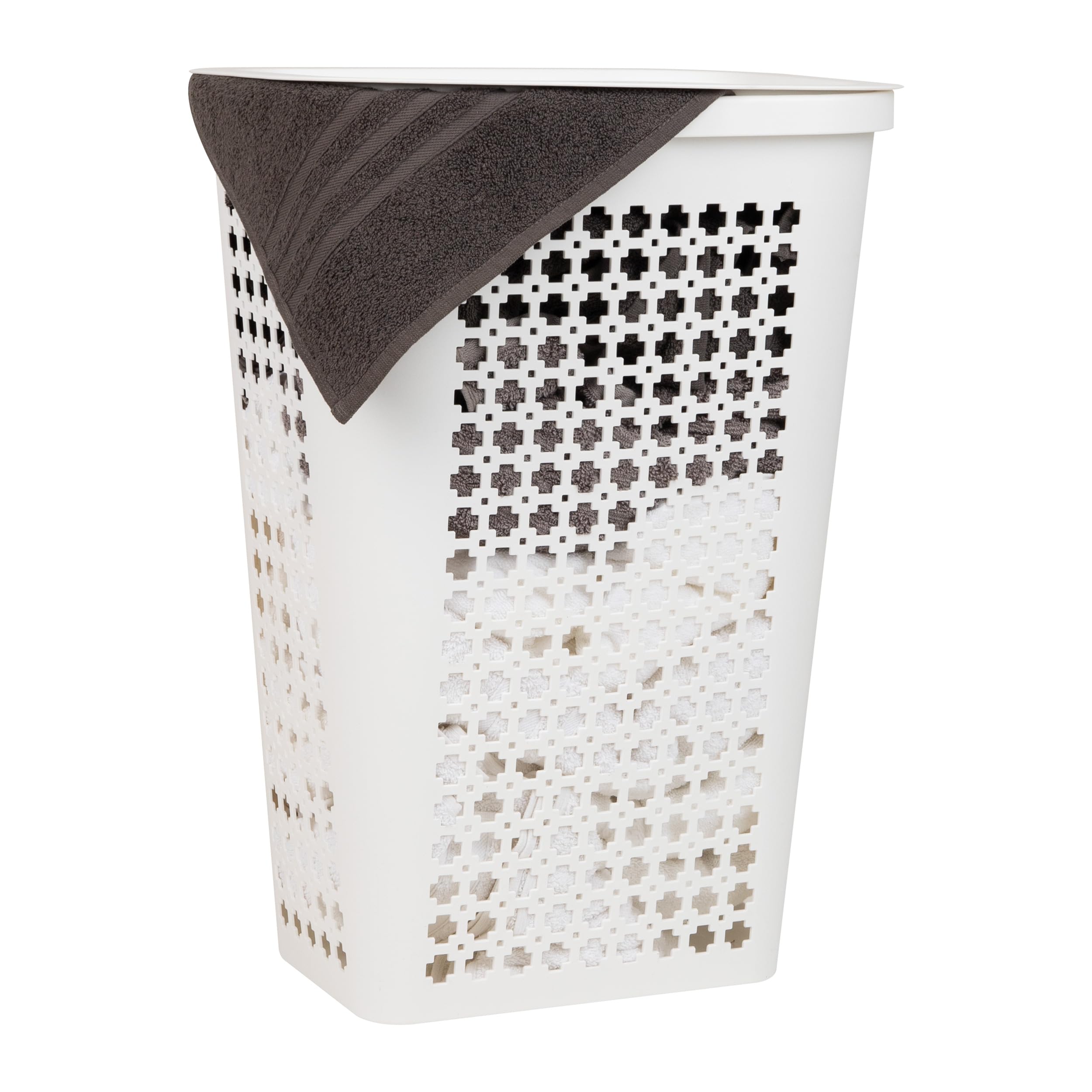 Photo 1 of ***CRACKED*** Mind Reader Slim Tapered Laundry Hamper with Lid, Clothes Basket with Swiss Cross Cut-Outs, Lightweight & Ventilated, Plastic, 16.75"L x 12.75"W x 23"H, White