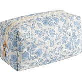 HHQQWZ Makeup Bag Travel Cosmetic Bag for Women Girls, Zipper Make Up Pouch, Floral Flowers Toiletry Organizer Makeup, Portable Storage Cosmetic Travel Cloth Bag (Blue Floral)