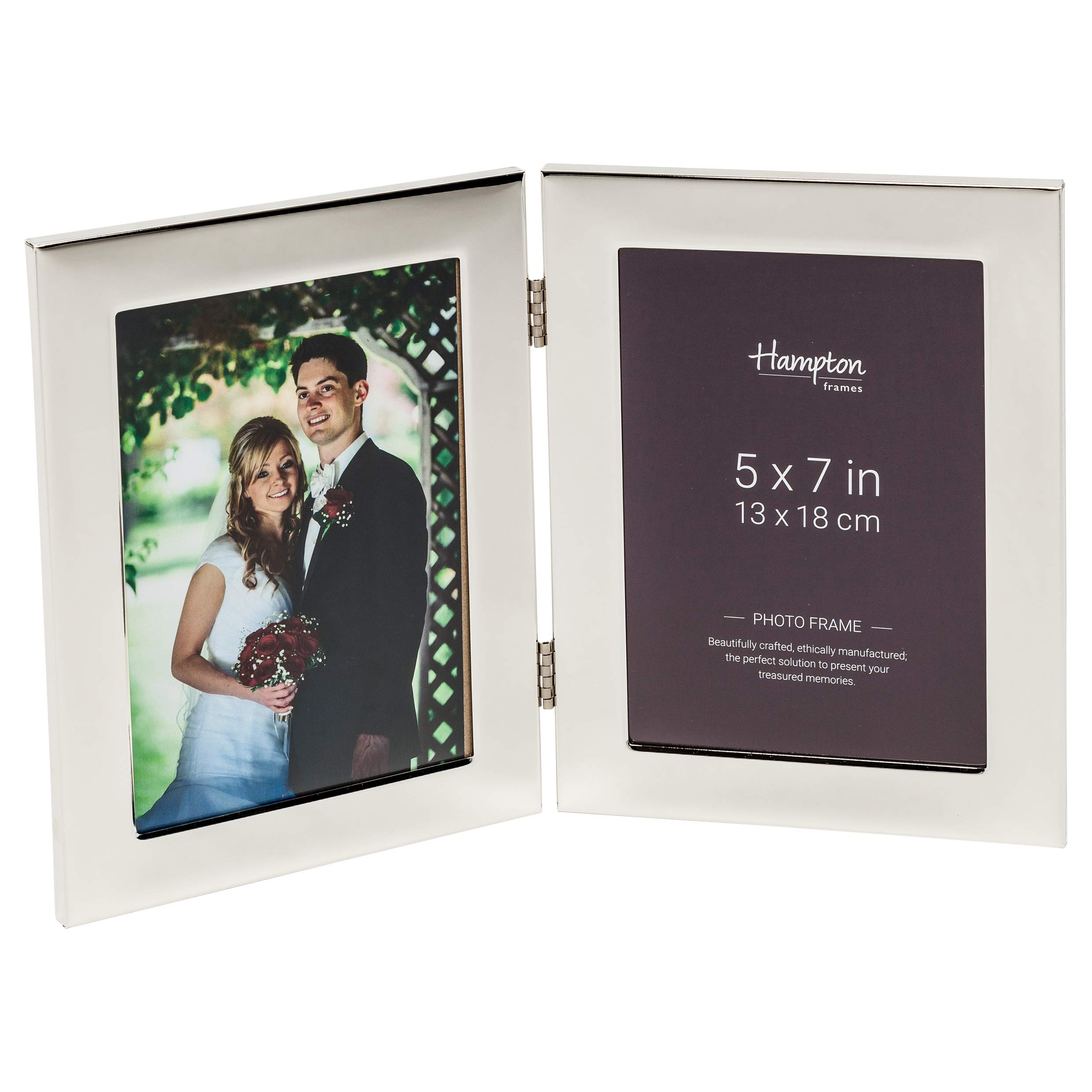 Hampton Frames WOBURN Double Picture Frame | 5x7 (13x18cm), Silver, Polished Metal | Hinged, Glass Fronts, Velvet Back | Tarnish Resistant, Freestanding or Wall Mounting