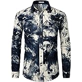 PARKLEES Men's Cotton Linen-Like 70s Disco Retro Traditional Pattern Printed Long Sleeve Button Down Shirt