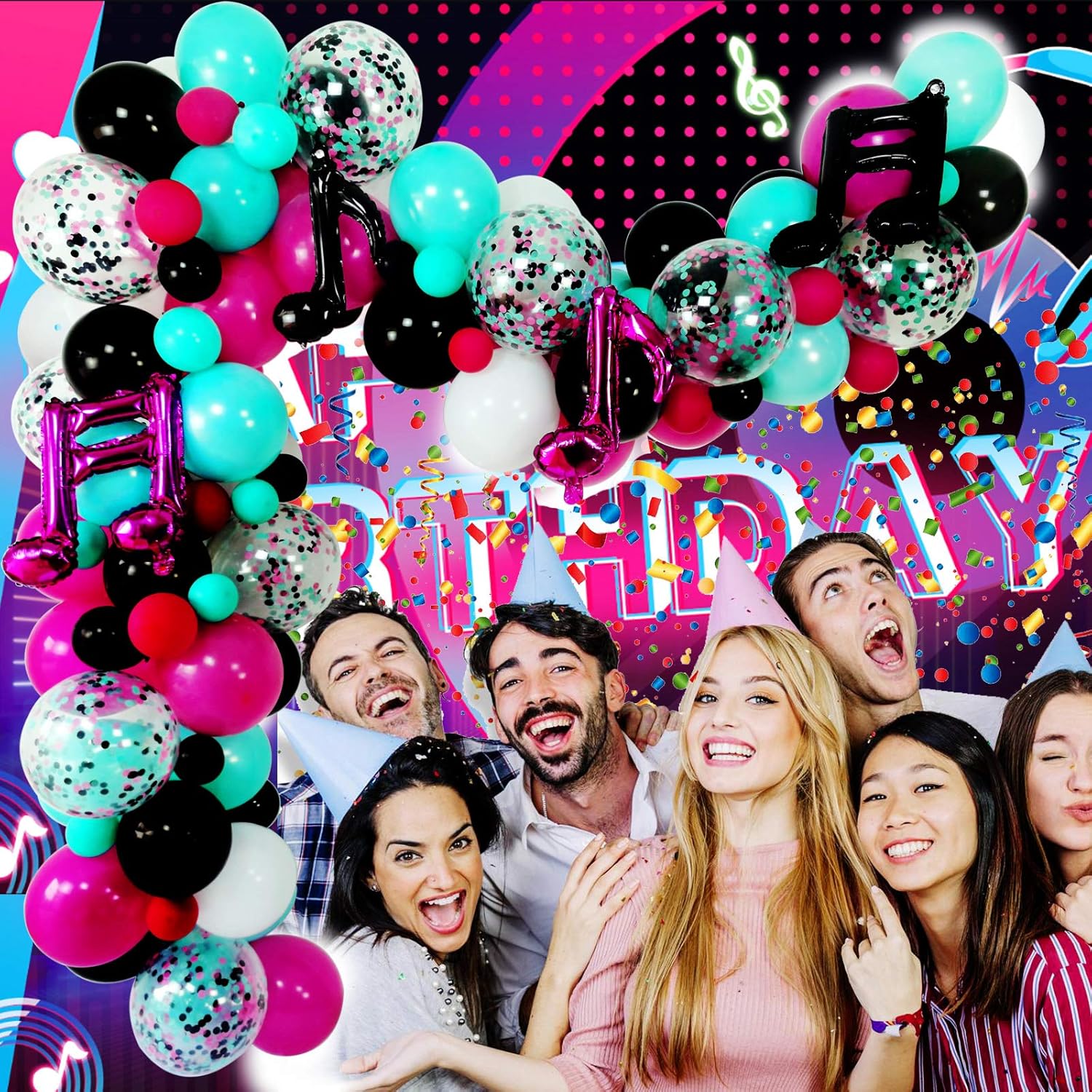 Music Notes Party Decorations, Karaoke Balloon Garland & Arch Kit, White, Rose Red, Seafoam Blue, Black Latex Balloons Confetti Balloon Musical Note Foil Balloon Strip Set for Birthday Party Supplies: Health & Personal Care