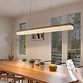 Wood Linear Chandelier,Dimmable Kitchen Island Lighting with Remote,Modern LED Pendant Light Fixture for Dining Room Over Tab