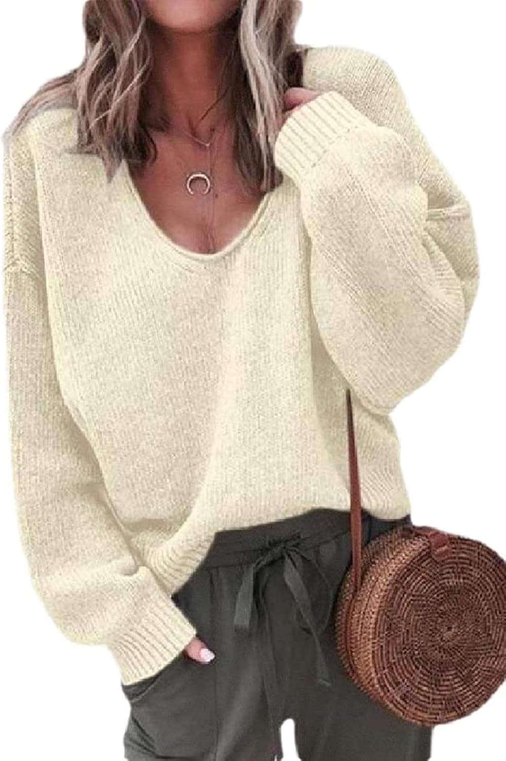 Womens Relaxed Fit Autumn Winter Knit Solid VNeck Pullover Sweaters