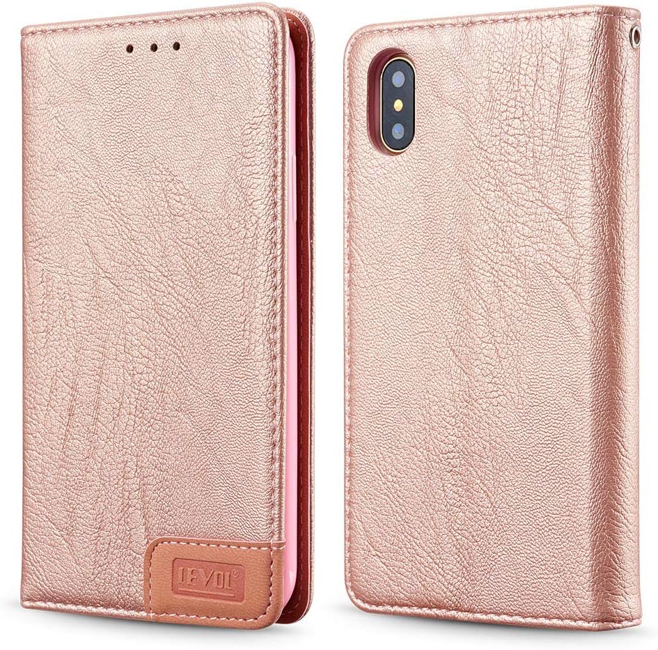 LEVOL Leather Wallet Case for iPhone XR,[Magnetic Closure] Folio PU with [Kickstand] [Card Slots] Shockproof Slim Flip Card Holder Cover for iPhone XR 6.1 inch - Rose Gold