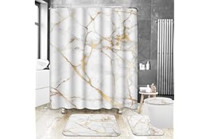 ArtSocket 4 Pcs Shower Curtain Set Marble Gold White Black Geometric Rose Stone Abstract Modern Vintage White Golden with Non-Slip Rugs Toilet Lid Cover and Bath Mat Bathroom Decor Set 72" x 72"