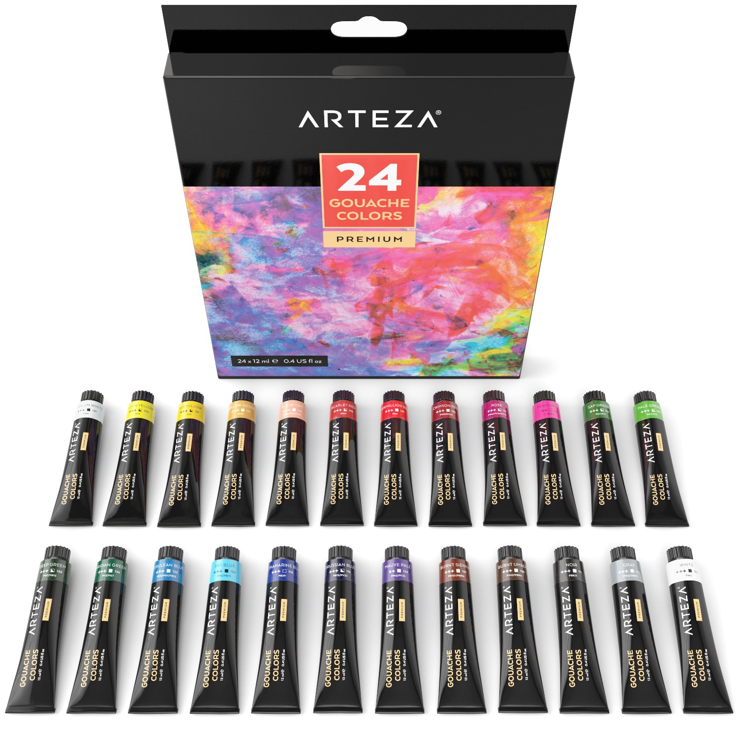 ARTEZA Gouache Premium Artist Paints Set 24 Colors (24 x 12 ml / 0.74