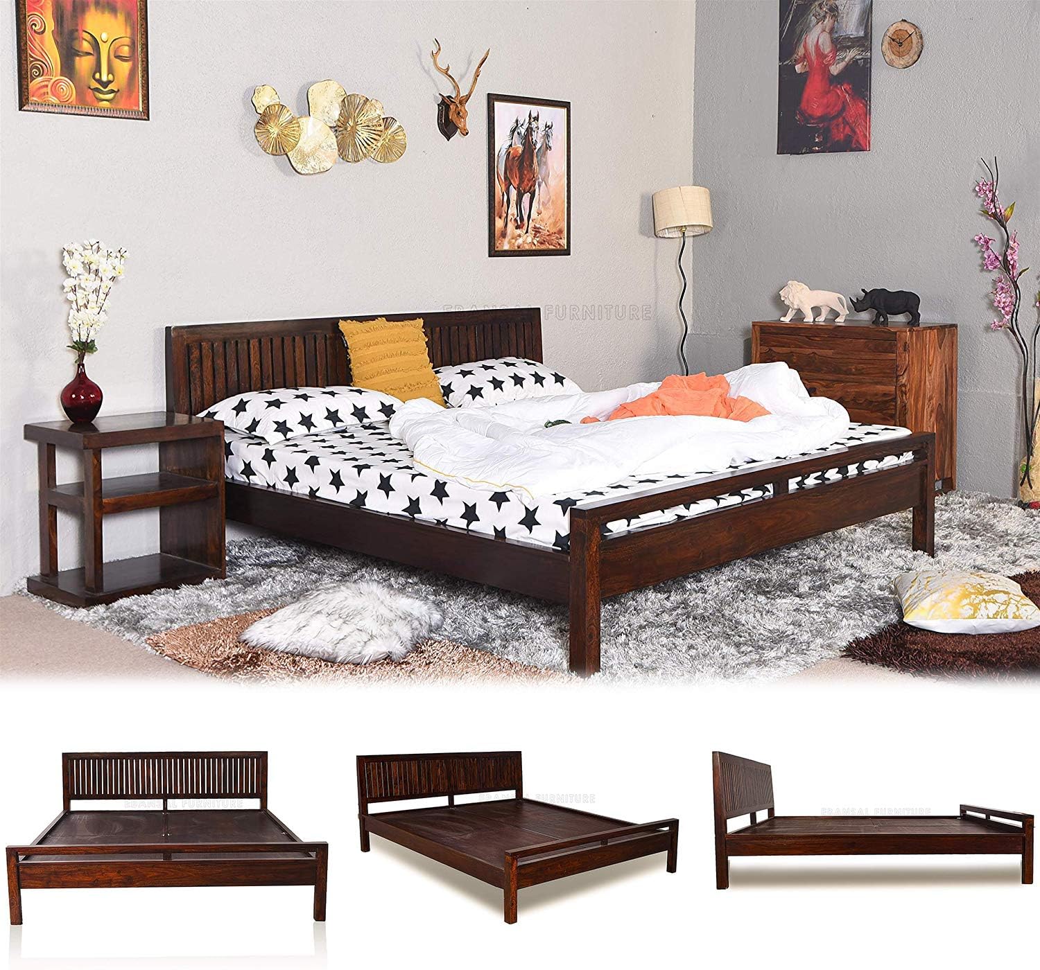 Woodlab Furniture Sheesham Wood Without Storage Queen Size Bed for Home and Living Room (Dark Brown)