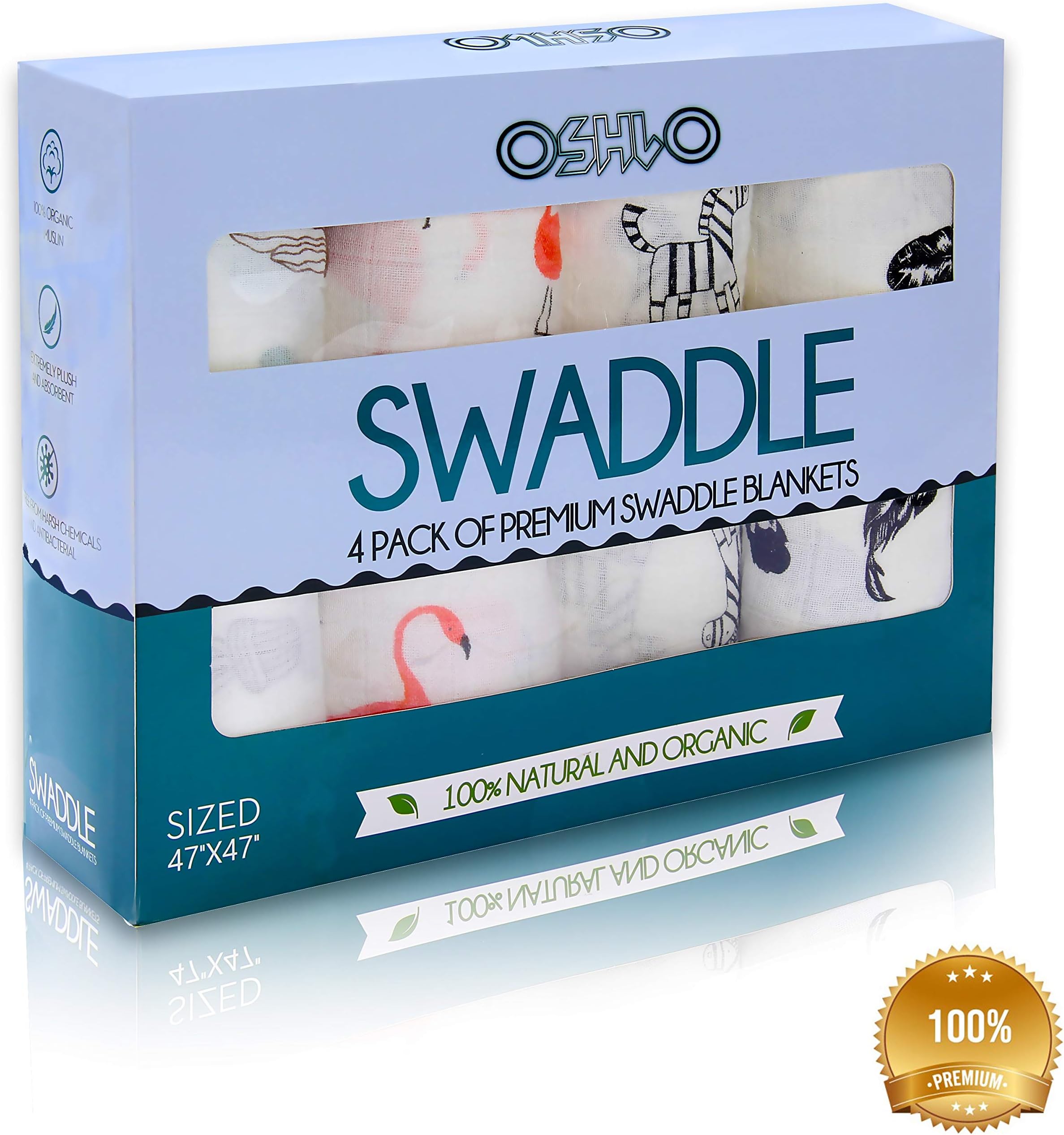 OSHLO Products Muslin Swaddle Blankets, Organic Extra Large XL 47 x 47, Premium, Soft,Cotton Bamboo,Receiving Blanket,Cozy Baby Blanket,Unisex for Baby Boys,Girls,Infant New Born,White