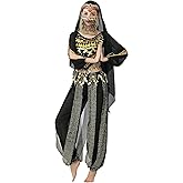 Lauthen.S Women Belly Dance Outfit Coins Top Pants Face Veil Set Halloween Costume