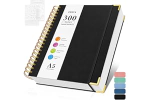 OMEYA Bullet Dotted Journal Spiral Notebook, 300 Pages Leather Notebooks with Contens, 120 GSM Thick No Bleed Through Paper Journals, A5 Dot Grid Notebook for Women Men School Work Writing, 5.5" x 8", Black